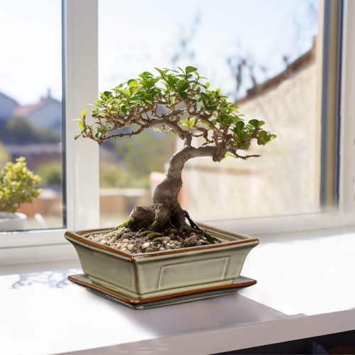 2er-Set Bonsai Keramiktopf mit Untersetzer und Entwässerungslöchern für Japanische Bonsai-Zimmerpflanzen | Retro-Dekorat