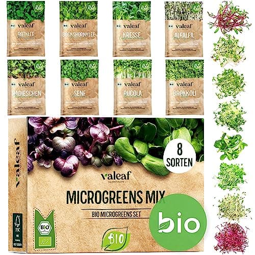 Valeaf BIO Microgreens Set - 8 Sorten Microgreens und Keimsprossen Samen für Anfänger inkl. Kresse und Alfalfa I Keimspr