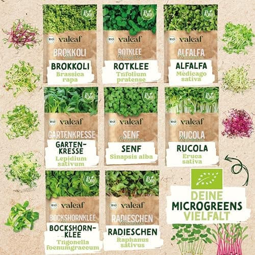 Valeaf BIO Microgreens Set - 8 Sorten Microgreens und Keimsprossen Samen für Anfänger inkl. Kresse und Alfalfa I Keimspr