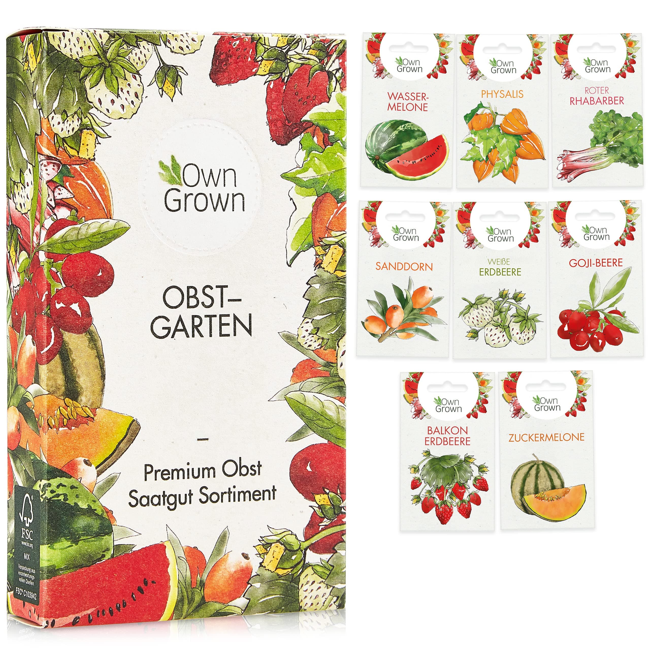 Obst Samen Set: Premium Garten Obst Saatgut mit 8 Sorten Obst Pflanzen für Garten und Balkon – Wassermelone Samen, Erdbe