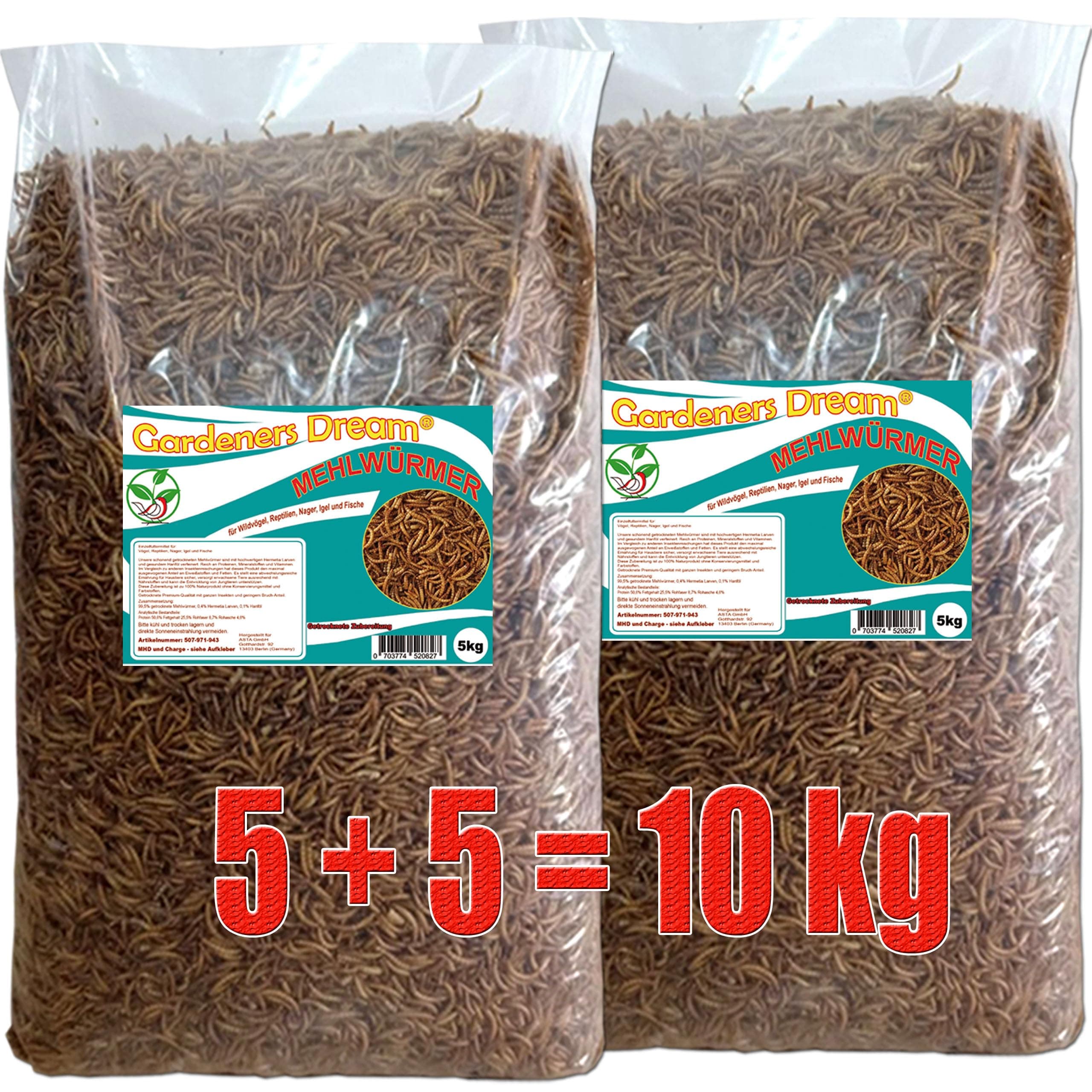 Gardeners Dream getrocknete Mehlwürmer Protein- und fettreich für Fische, Nager, Vögel, Reptilien 5+5kg
Gardeners Dream