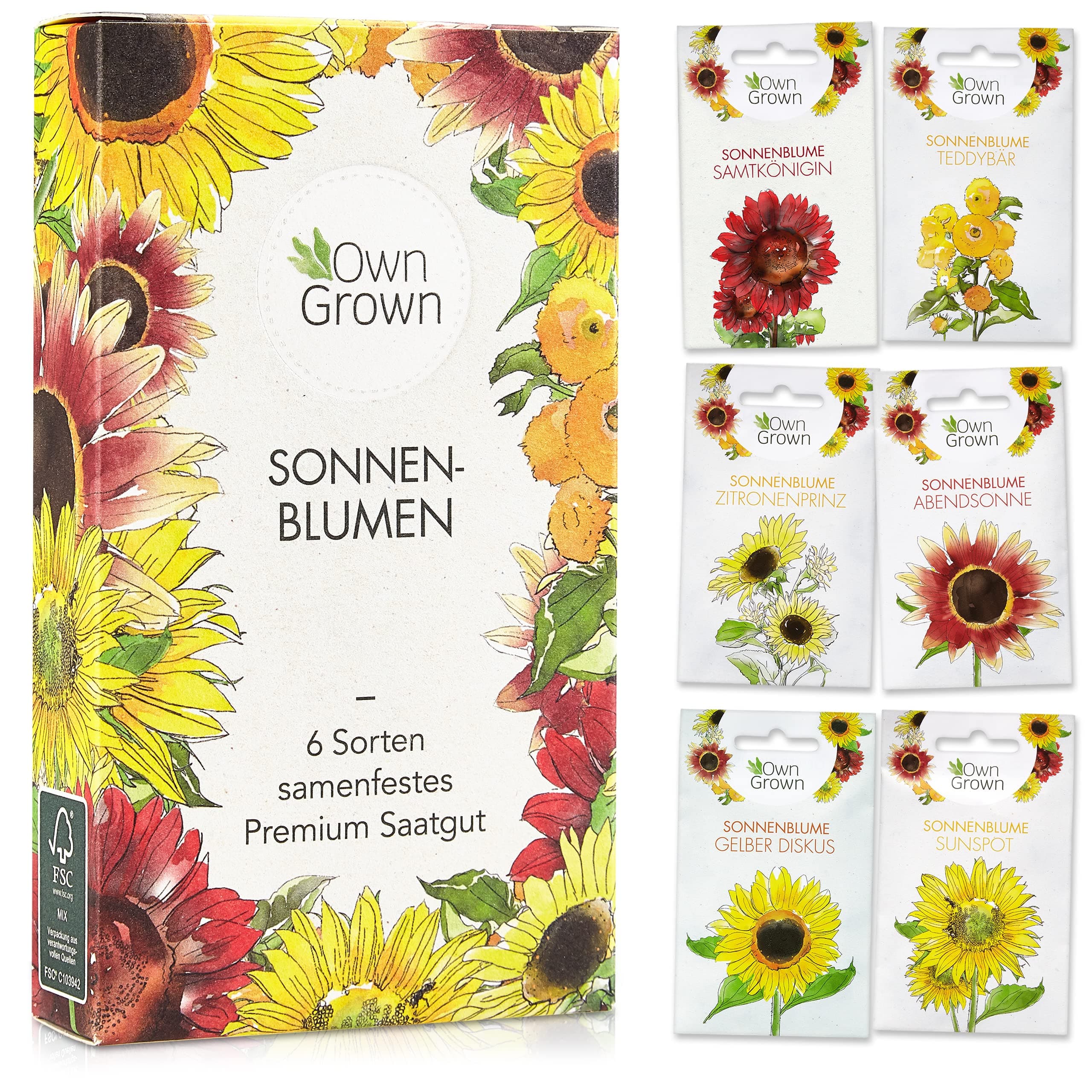[OwnGrown - Sonnenblumen Samen Set] - Saatgut mit 6 Sorten, inkl. Riesige & Kleine Blüten – Blumen Geschenkbox für Garte