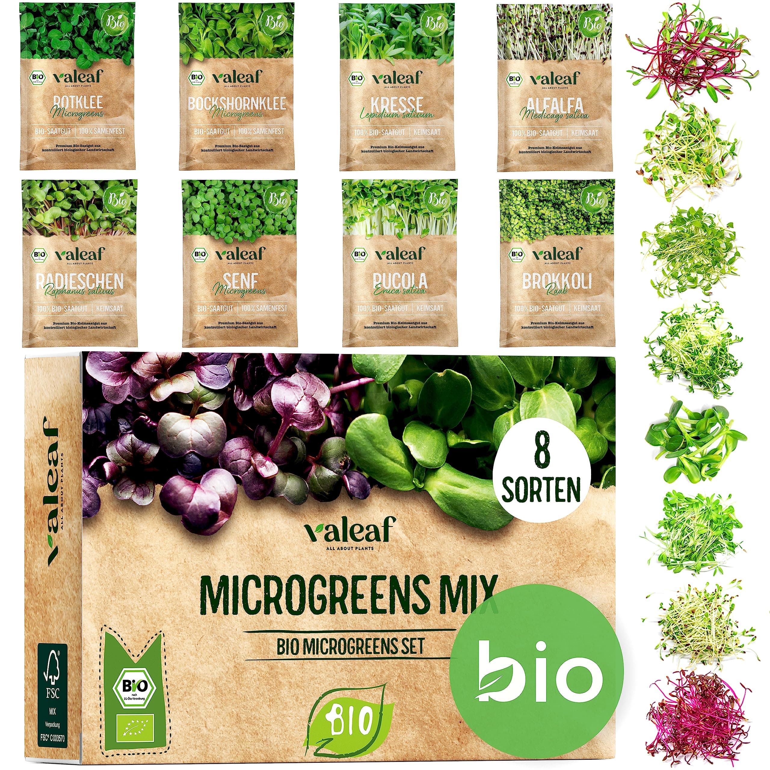 Valeaf BIO Microgreens Set - 8 Sorten Microgreens und Keimsprossen Samen für Anfänger inkl. Kresse und Alfalfa I Keimspr